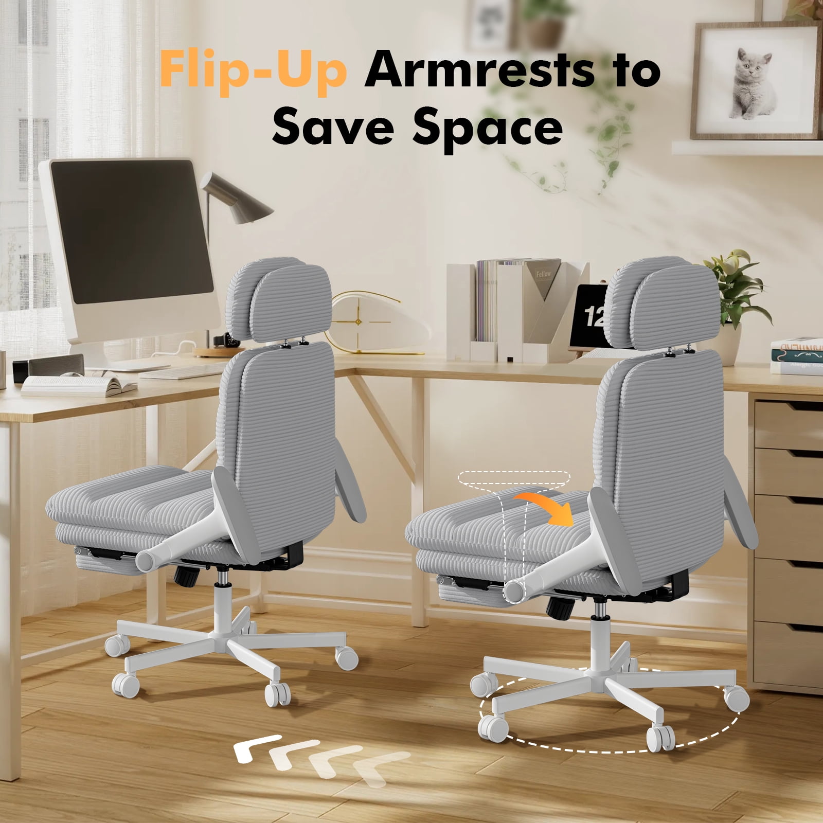 HomeZeer Criss Cross Chair with Flip-up Arms, Executive Criss Cross Legged Office Chair with Footrest, Swivel Corduroy Computer Desk Chair with Lumbar Pillow & Headrest for Home Office, Gray