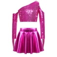 thumbnail image 3 of TSSOE Kids Girls 2 Piece Sequin Jazz Dance Outfit Long Sleeve Metallic Fringed Crop Top and Mini Pleated Skirts Set Hot Pink 14, 3 of 7
