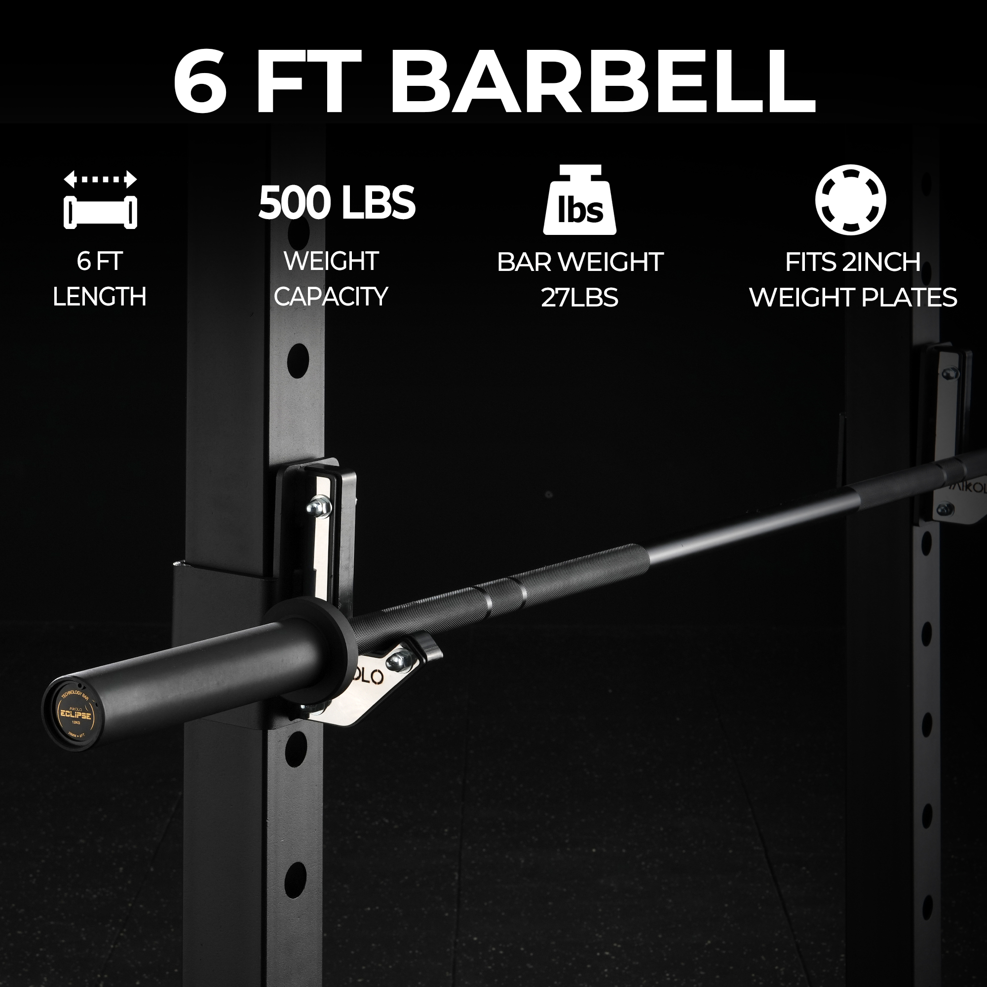 Mikolo Eclipse Series 6ft Olympic Barbell, 27LB Compact and Lighter Barbell for Weightlifting and Powerlifting, Olympic Bar for 500lbs Capacity, Weight Bar Fit 2” Standard Weights (Black)