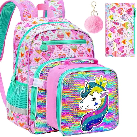 3PCS Kids Unicorn Backpack for Girls, 16" Preschool Bookbag Set with Clip-On Lunch Bag and Pencil Bag, Water-Resistant Sequins School Bag for Toddler
