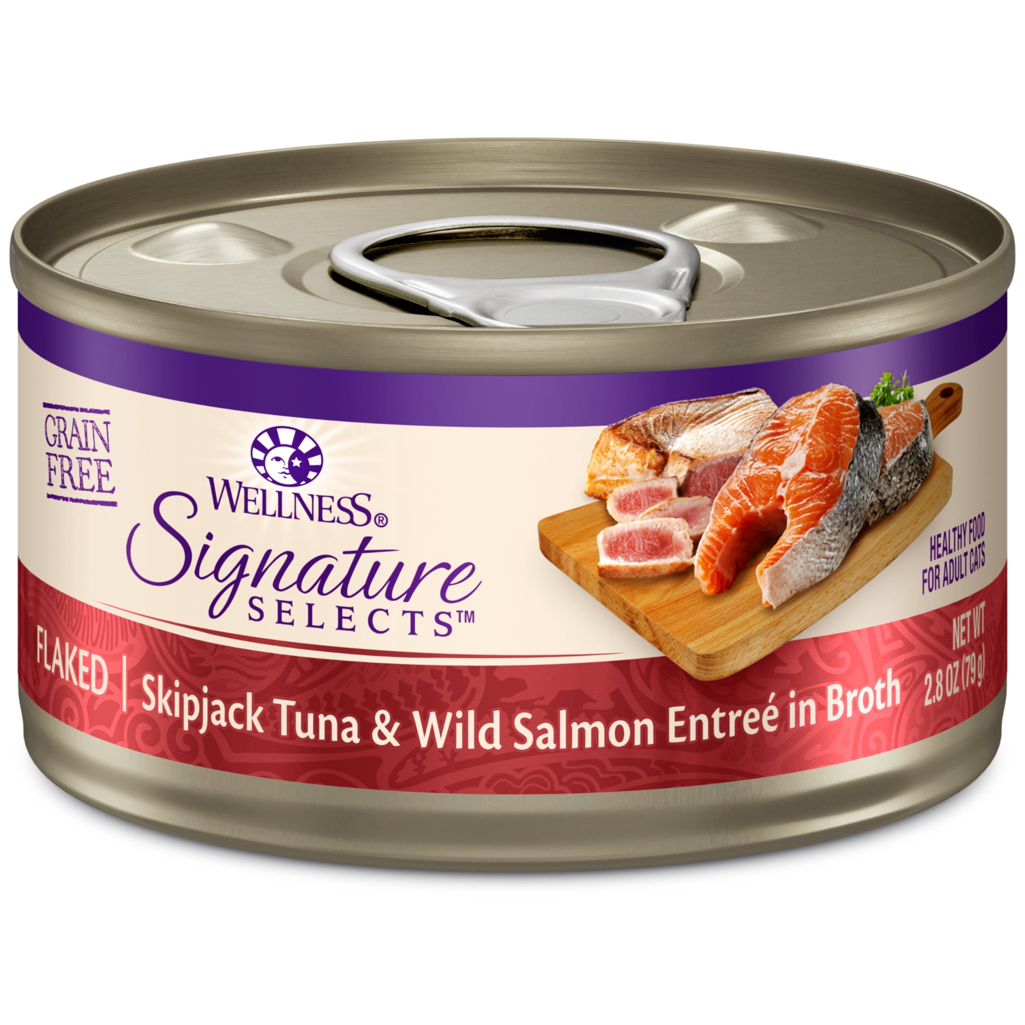 Wellness CORE Signature Selects Flaked Adult Canned Wet Cat Food, Natural, Protein Rich, Grain Free, Skipjack Tuna and Wild Salmon Entrée Recipe, 2.8 oz, Pack of 12 Cans