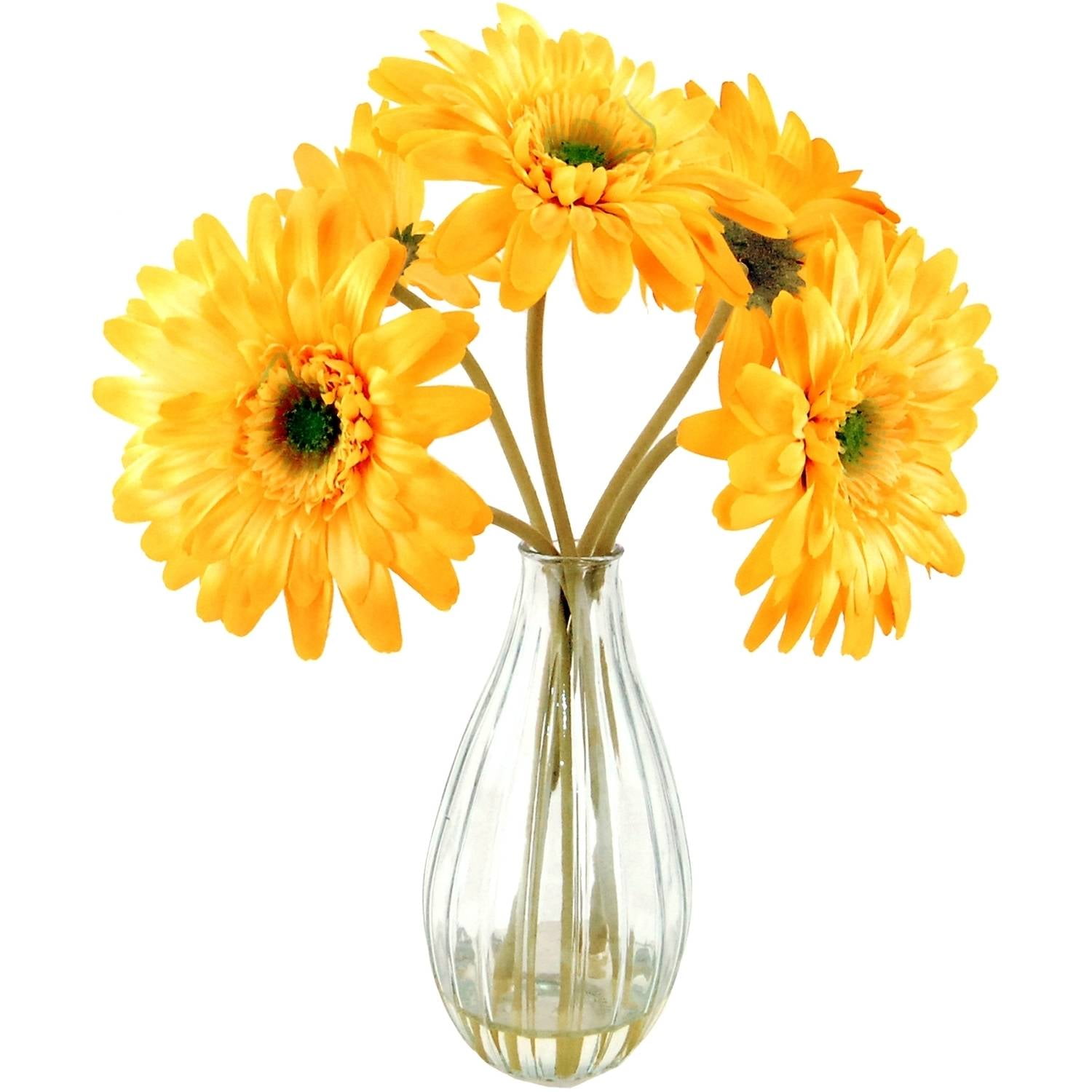 22" Artificial Gerber Daisies in a Ribbed Glass Vase with Acrylic Water