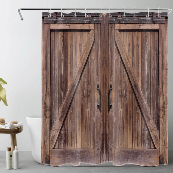 HVEST Vintage Barn Door Shower Curtain, Western Brown Wooden Barn Door Bathroom Curtain Modern Farmhouse Polyester Fabric Decor Curtain with Hooks, 60X72 inch