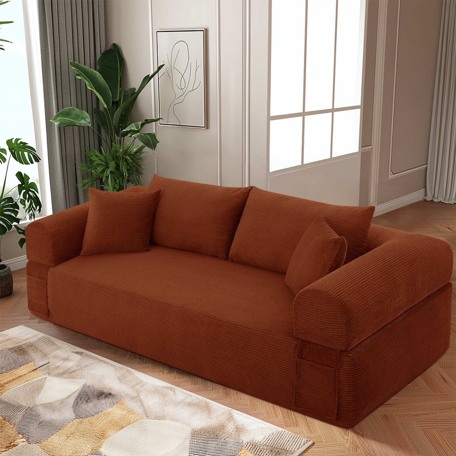 83" Seater Sofa Bed Couch with 4 Furry Pillows & Corduroy Fabric, No Assembly Sofa in a Box, Boneless Couch with Side Storage Pockets for Living Room, Bedroom, Office