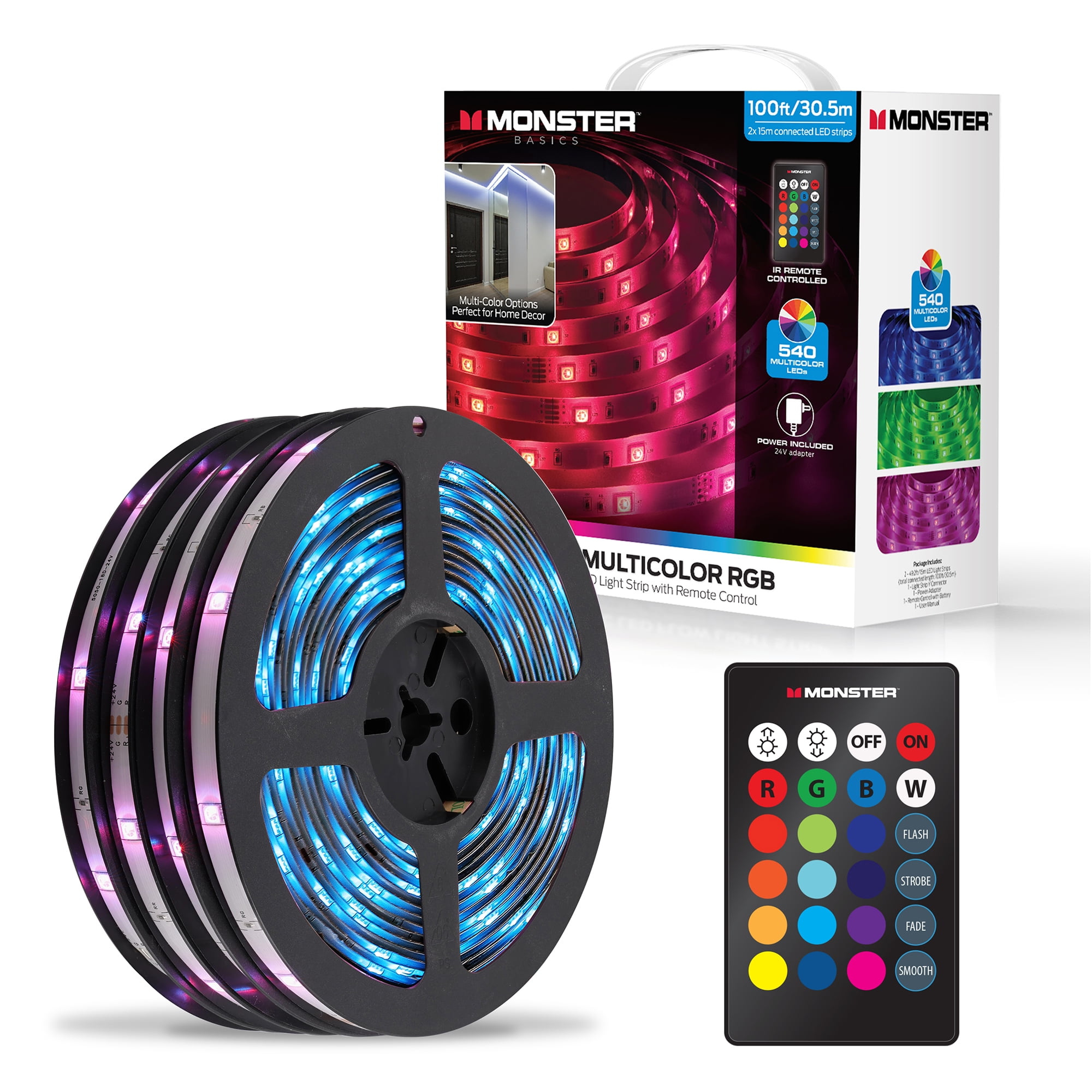 Monster 100ft Multicolor LED Light Strip, Bedrooms, Customizable with Remote Walmart.com