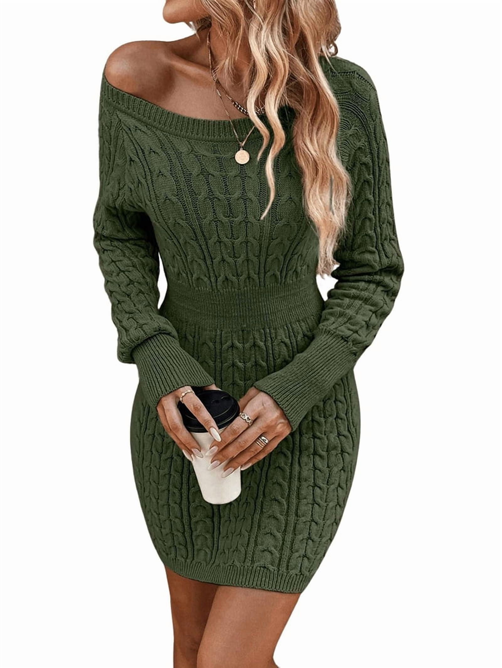 Women'S Cable Knit Sweater Dress Long Sleeve Knit Fall Winter Dresses Crewneck Mini Pencil Dresses Army Green S