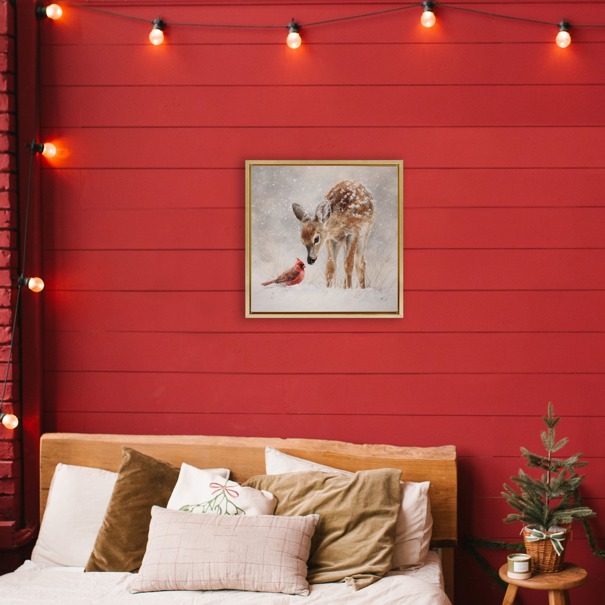 Stupell Industries Little Fawn & The Cardinal Gold Framed Floater Canvas Wall Art, design by Tina LeCour