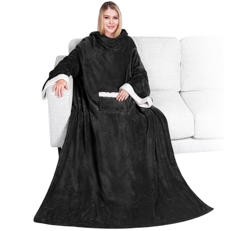 PAVILIA Fleece Blanket with Sleeves for Women Men Adults, Wearable Blanket Warm Soft Plush, Snuggle Pocket Sleeved TV Throw Wrap, Cozy White Elephant Gifts Ideas for Mom Wife, Black