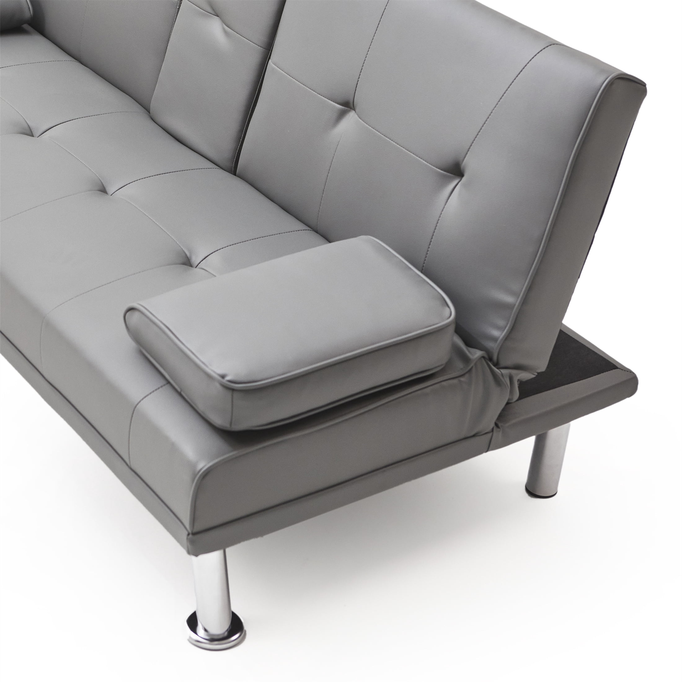 Aukfa Leather Futon Convertible Sofa Bed, 2 Cup Holders Twin Size, Gray