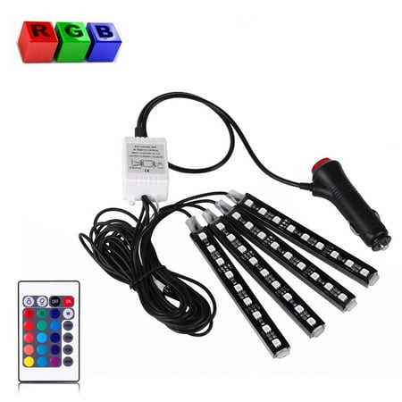 Car Decorations Interior EEEKit 4 Piece 16 Colors Car Interior Light Strips, 9LED Waterproof Neon Decoration Lamp, Control Wireless Interior Atmo ()