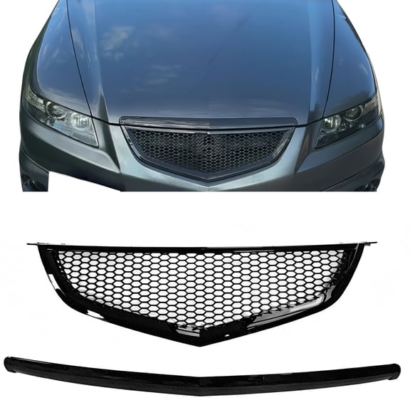 Ikon Motorsports Front Upper Grille w/ Frame Fits 2004-2006 Acura TL, Honeycomb Style Gloss Black ABS Bumper Hood Grill