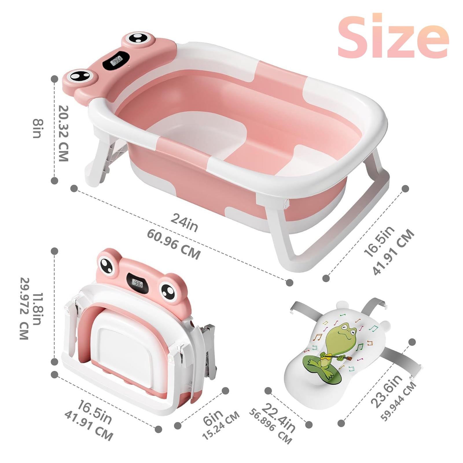 stusgo Collapsible Baby Bathtub, Plastic Frog Baby Bath Tub with Soft Cushion & Thermometer（Pink）