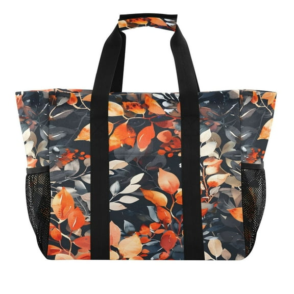 Reusable Grocery Bags with Handle Side Pocket Waterproof Shopping Portable Tote Watercolor Floral Leaves