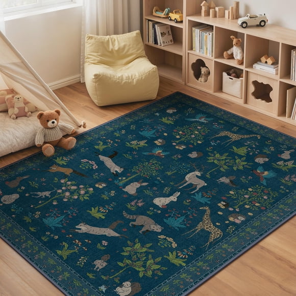 Alfombra BESBLEE con estampado animal floral, 160 x 200 cm, azul, lavable