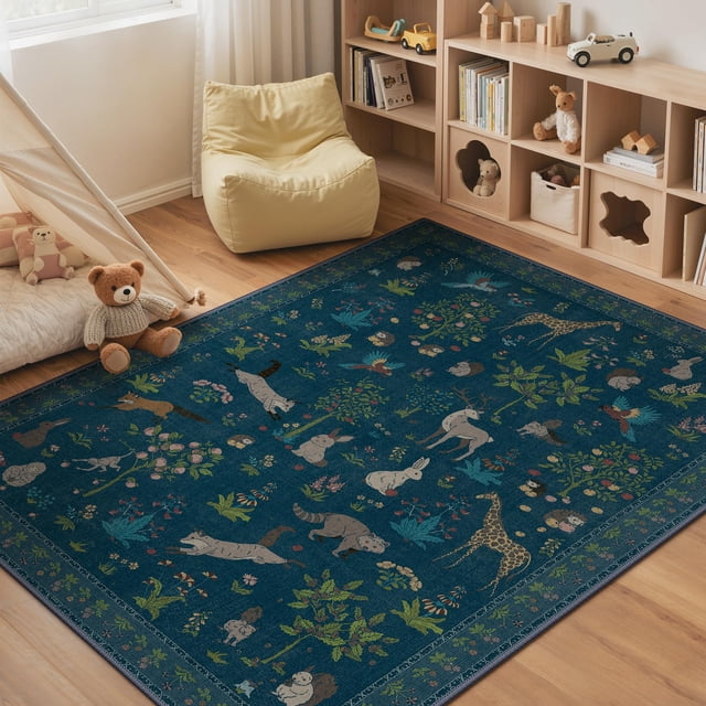 Alfombra BESBLEE con estampado animal floral, 160 x 200 cm, azul, lavable