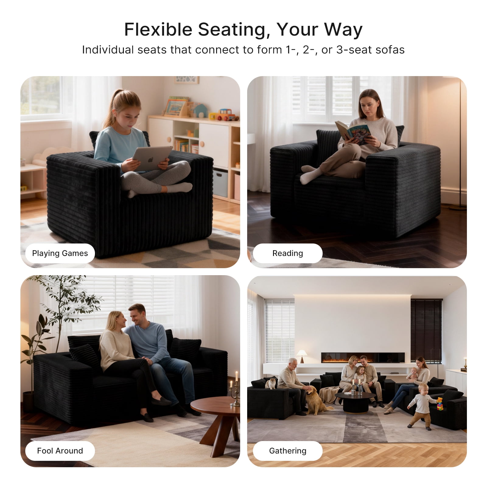 Small Boneless Sofa Chair, No Assembly Corduroy Memory Foam Cloud Reading Chair with Throw Pillow for Living Room Bedroom Playroom