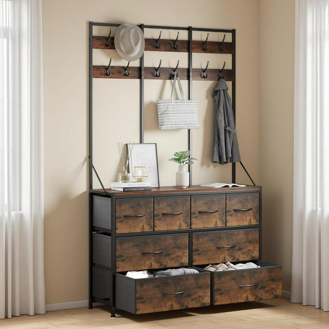 MYXSRI Armario, estantería, cómoda, tocador con almacenaje, mueble de almacenaje con 8 cajones de tela y percheros (Marrón)
