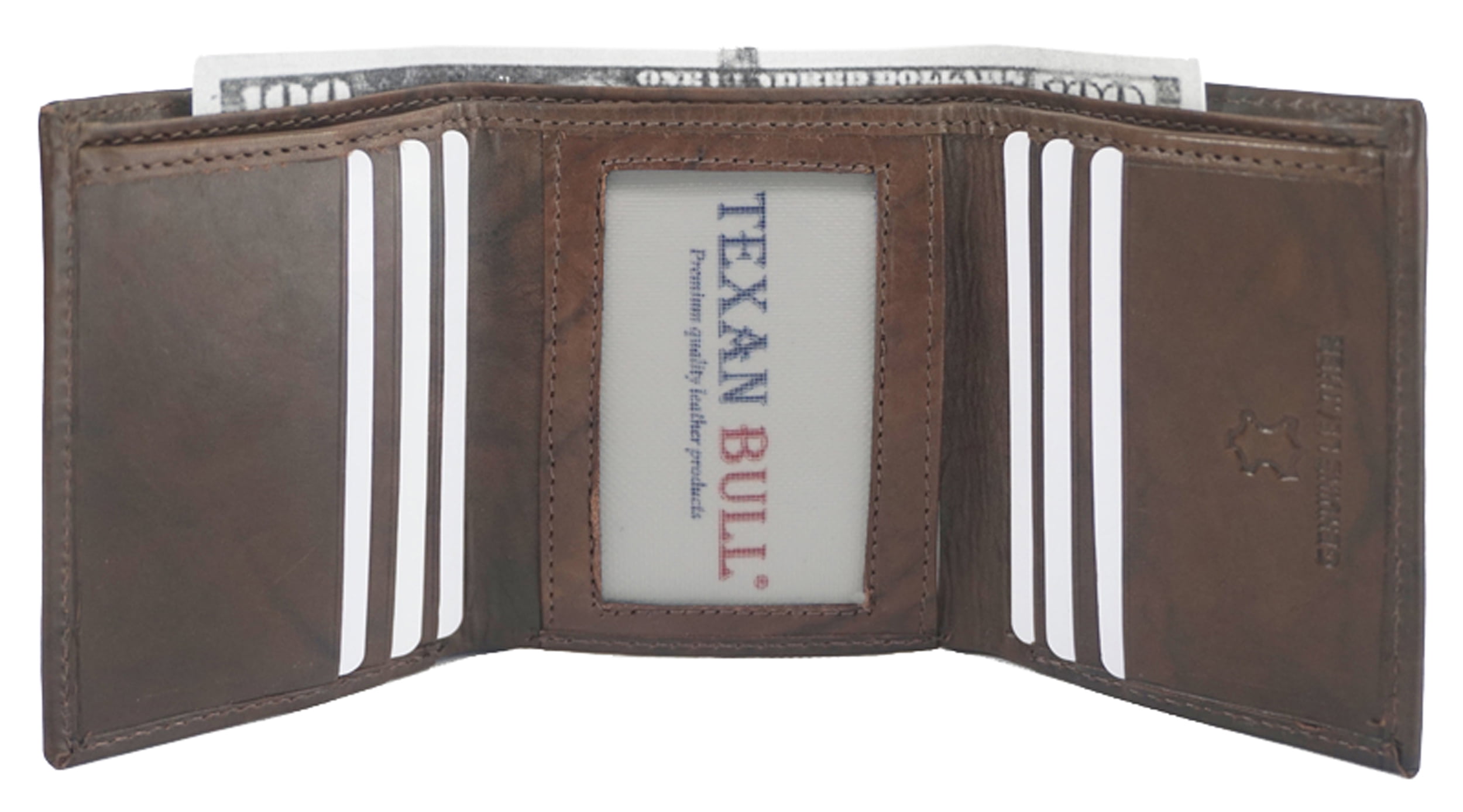 Texan Bull RFID Blocking Trifold Wallet For Men - Genuine Cow Leather, Holds 8+ Cards & Cash (Brown)