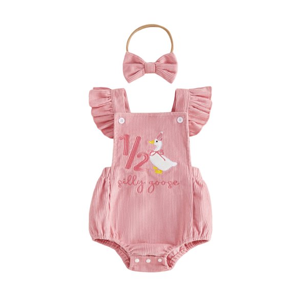 RUINIXCW Baby Girl First Birthday Outfit Silly Goose Outfit Infant Baby Girls 1/2 Half Birthday Clothes Embroidery Fly Sleeves Romper Bodysuit Playsuit Headband