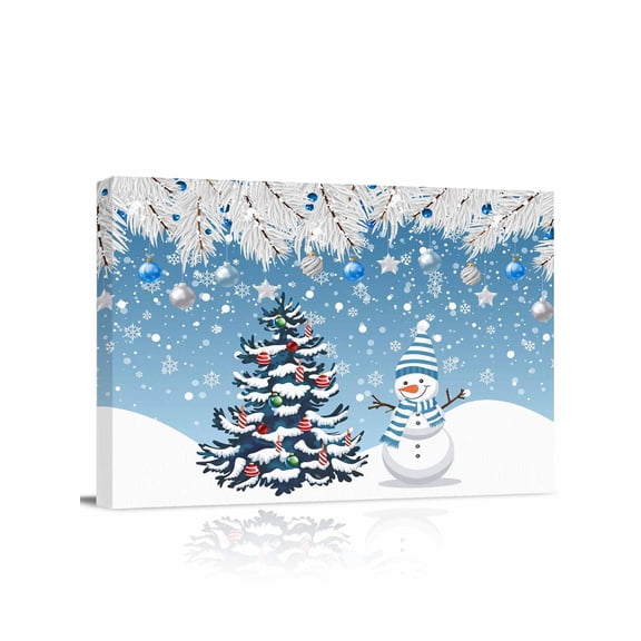 Blue Christmas Canvas Print Wall Art Framed Canvas Art Wall Decor Winter Snowman Snowflake Christmas Tree Pictures Painting Morden Artwork for Living Room Bedroom, Ready to Hang - 12"x16"