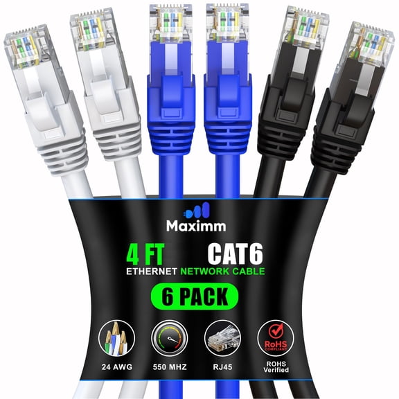 Maximm Cat 6 Ethernet Cable 4 ft (6-Pack) - High-Speed LAN Cable, Internet Cable, Patch Cable, and Network Cable - UTP, 10Gbps, 550MHz Ethernet Cord - Tricolor