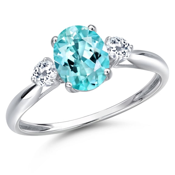 Gem Stone King 10K White Gold Blue Apatite and White Topaz 3-Stone Ring for Women | 1.48 Cttw | Oval 8X6MM | Gemstone Birthstone | Size 7