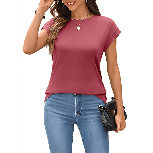Camiseta de Verano para Mujer, Color Liso, Cuello Redondo, Corta, Color Vino Tinto, Talla XL
