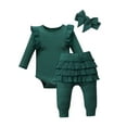 thumbnail image 2 of LZHGirlshop 3Pcs Baby Girl Solid Color Ribbed Ruffle Long-Sleeve Romper Casual Flared Pants & Bow Headband Set,Green,9M, 2 of 6