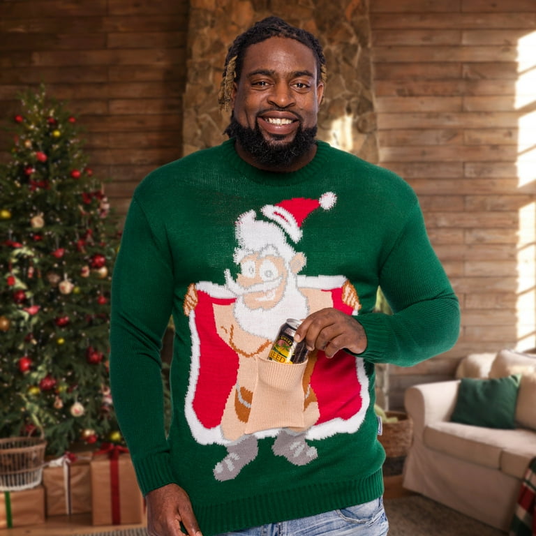 FUNZIEZ Ugly Christmas Sweater Surprise Santa Beer Holder