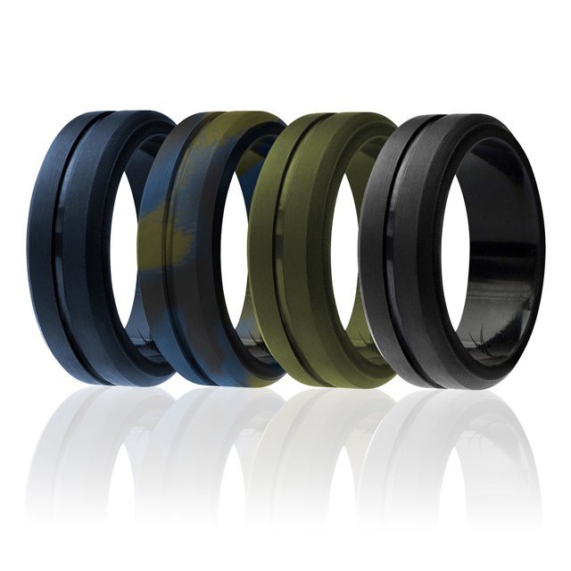 Anillo de bodas de silicona - Conjunto de línea media grabada de ROQ para hombres - 4 x 9 mm Camuflaje azul oliva, negro, azul, verde oscuro