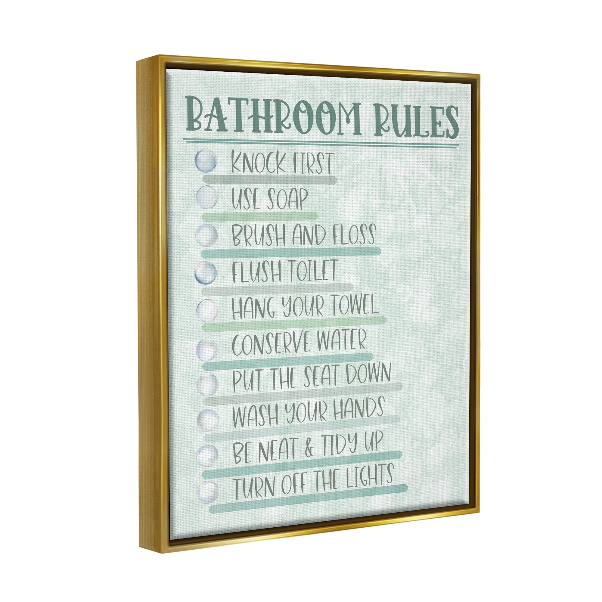Stupell Industries Bathroom Rules on Green Typography Painting Gold Floater Framed Canvas Art Print Wall Art, 25 x 31