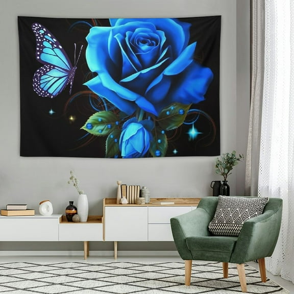 Creowell Blue Rose Wall Rose Floral Wall Tapestry Galaxy Gradient Butterfly Flower Wall Hanging for Bedroom Decor for Kids Women Couple Lover Romantic Valentine's Day Wall Art 60x40 Inch