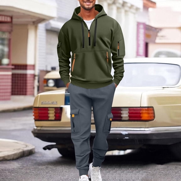 YueHuiYing Man Solid-Color Casual Loose Pocket Drawstring Long Sleeve 2 Piece Outfits Hoodie Sweatshirt Set