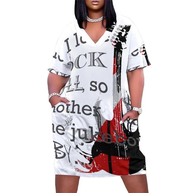 Vestido holgado con bolsillos y manga larga de verano con la frase "Me encanta el rock and roll".