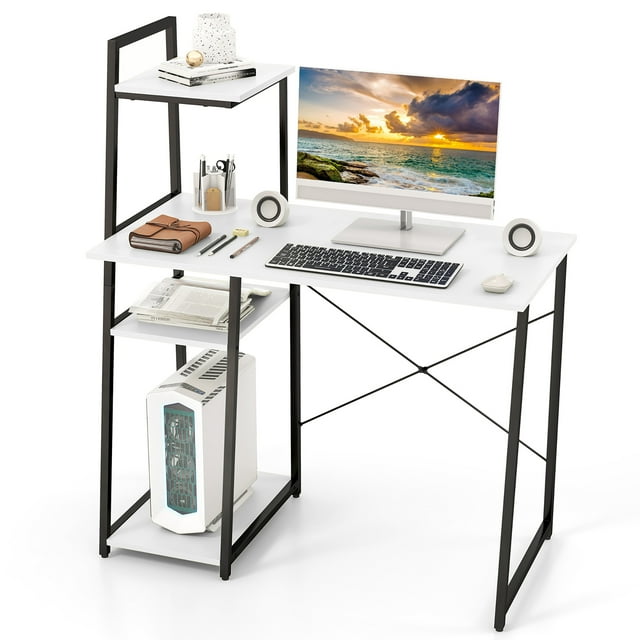 Gymax Computer Desk w/ Shelves 3-Tier Storage Bookshelf Ladder-shaped Metal Frame