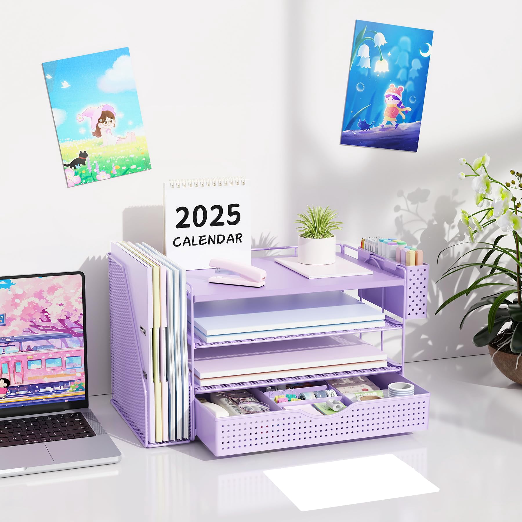 Wood Desk Organizers And Accessories With File Holder  4-tier & Workspace Drawer Pen Paper Organizer For Office Supplies (purple)