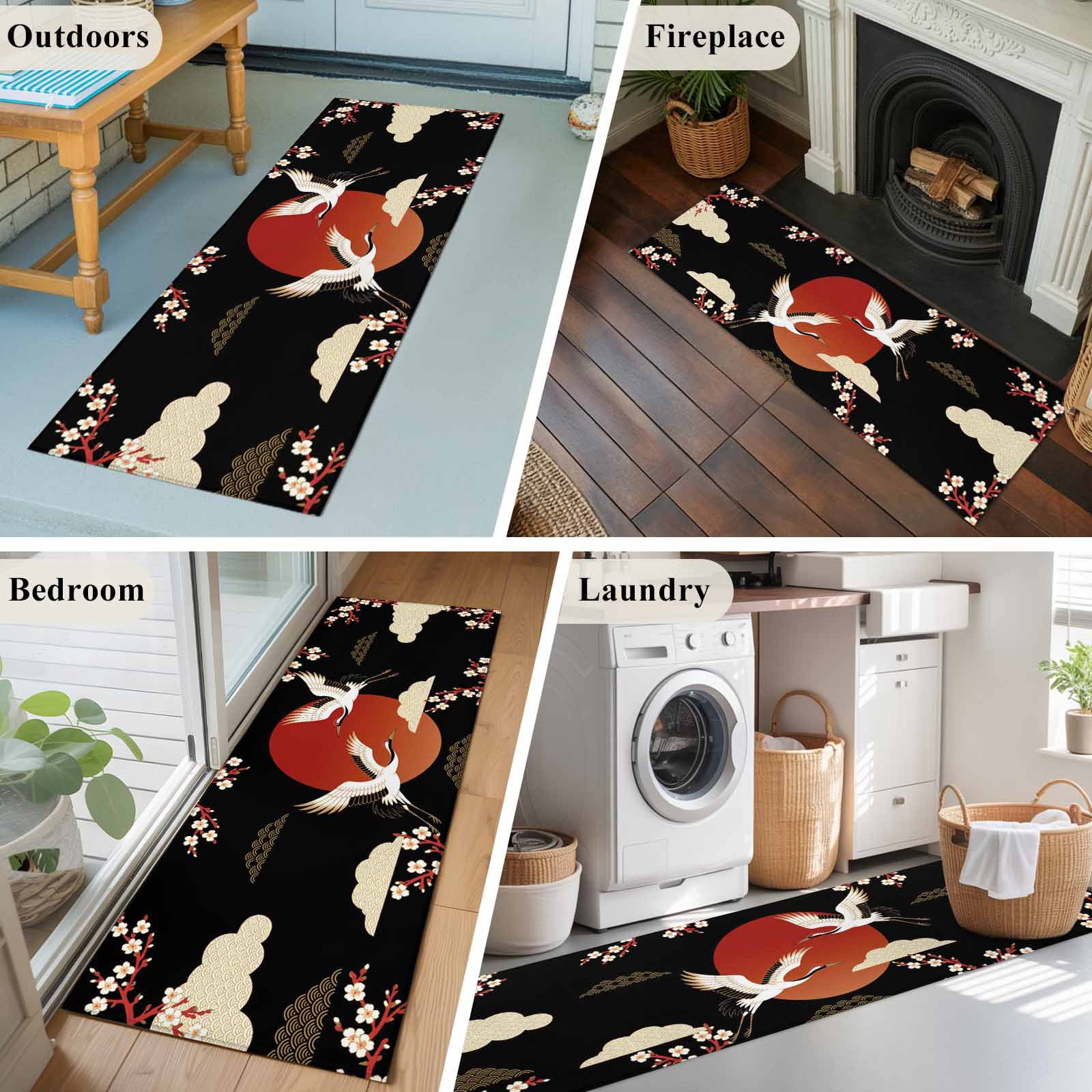 Japanese Style Area Rugs Collection 2'x6', Modern Cranes Cherry Flower Wave Red Brown Non Slip Indoor Rectangle Throw Runner Rug Floor Mat Carpet for Living Room Dining Table Bedroom Nursery