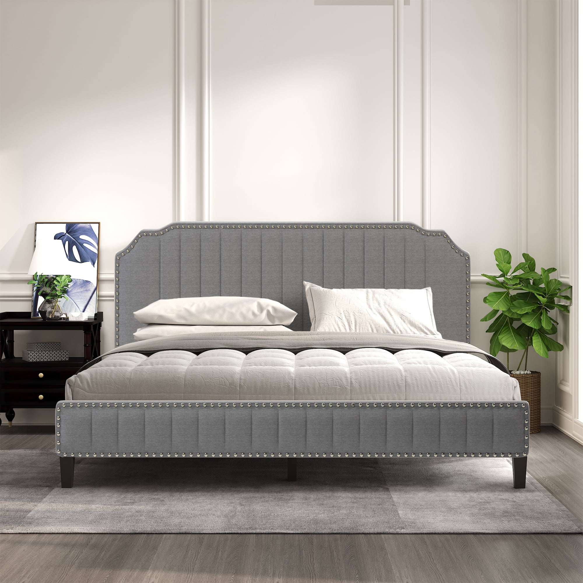 GREY Fabric Cloth KING Scalloped Platform Bed Frame & Slats Modern Home Bedroom 