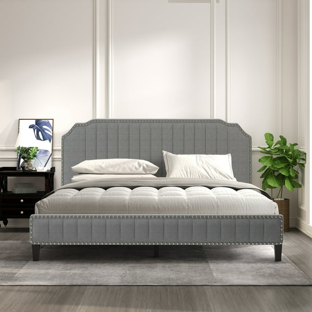 solid wood headboard king on King Platform Bed Frame Modern Linen Curved Upholstered Platform Bed With Headboard And Solid Wood Frame Bedroom Furniture King Size Bed Frame With Nailhead Trim No Box Spring Needed Grey J2567