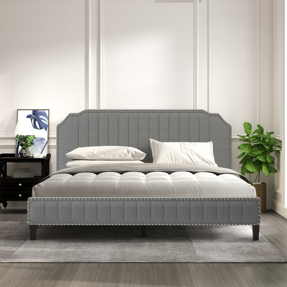 Gray Upholstered Platform Bed, King Size Bed Frame with Solid Wooden