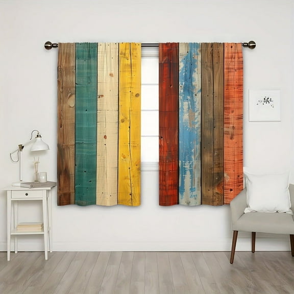 WNOOHIY Vintage Colorful Striped Wooden Plank Light-filtering Curtains for Young People Bedroom Living Room,Set of 2 Panels