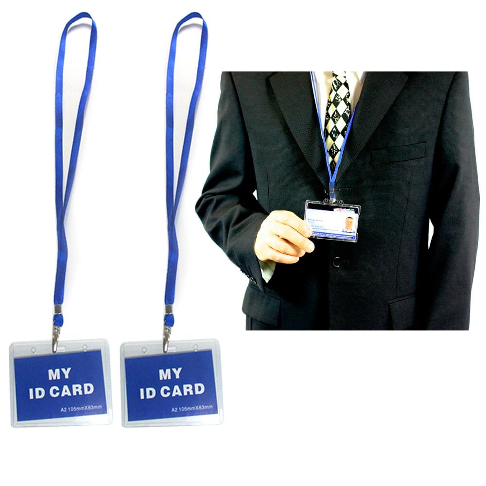 2 pc id name badge card holder vinyl clear case blue