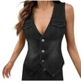 thumbnail image 2 of Zedker Vest Sleeveless V Neck Button Down Women's Denim Cropped Fitted Waist Jean Waistcoat Summer Western Trendy Tops Black Plus L, 2 of 8