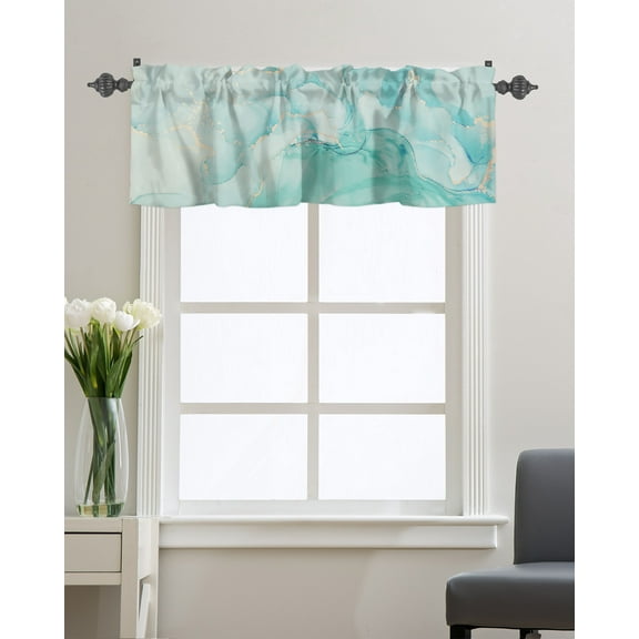 Kitchen Cafe Valance Curtain for Small Windows,Teal Marble Texture with Phnom Penh Rod Pocket Short Valances Ombre Gradient Window Treatment Panel for Living Room/Bedroom/Bathroom,54x18in