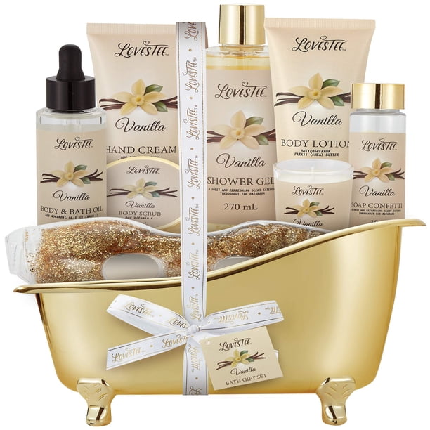 Cesta de regalo de spa para mujer Set de baño y cuerpo de vainilla Día de la madre Regalo de Navidad y cumpleaños Incluye gel de ducha Loción corporal Crema de manos Exfoliante corporal Aceite con men