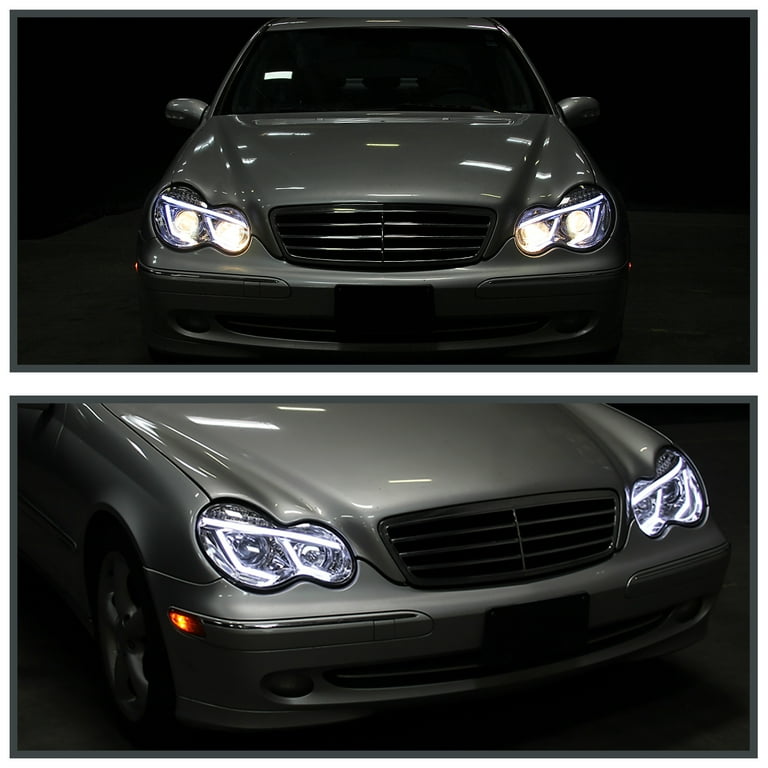 Spec D Tuning Chrome LED Projector Headlights Compatible with 2001 2007 Mercedes Benz W203 C Class Sedan Left Right Pair Headlamps Assembly