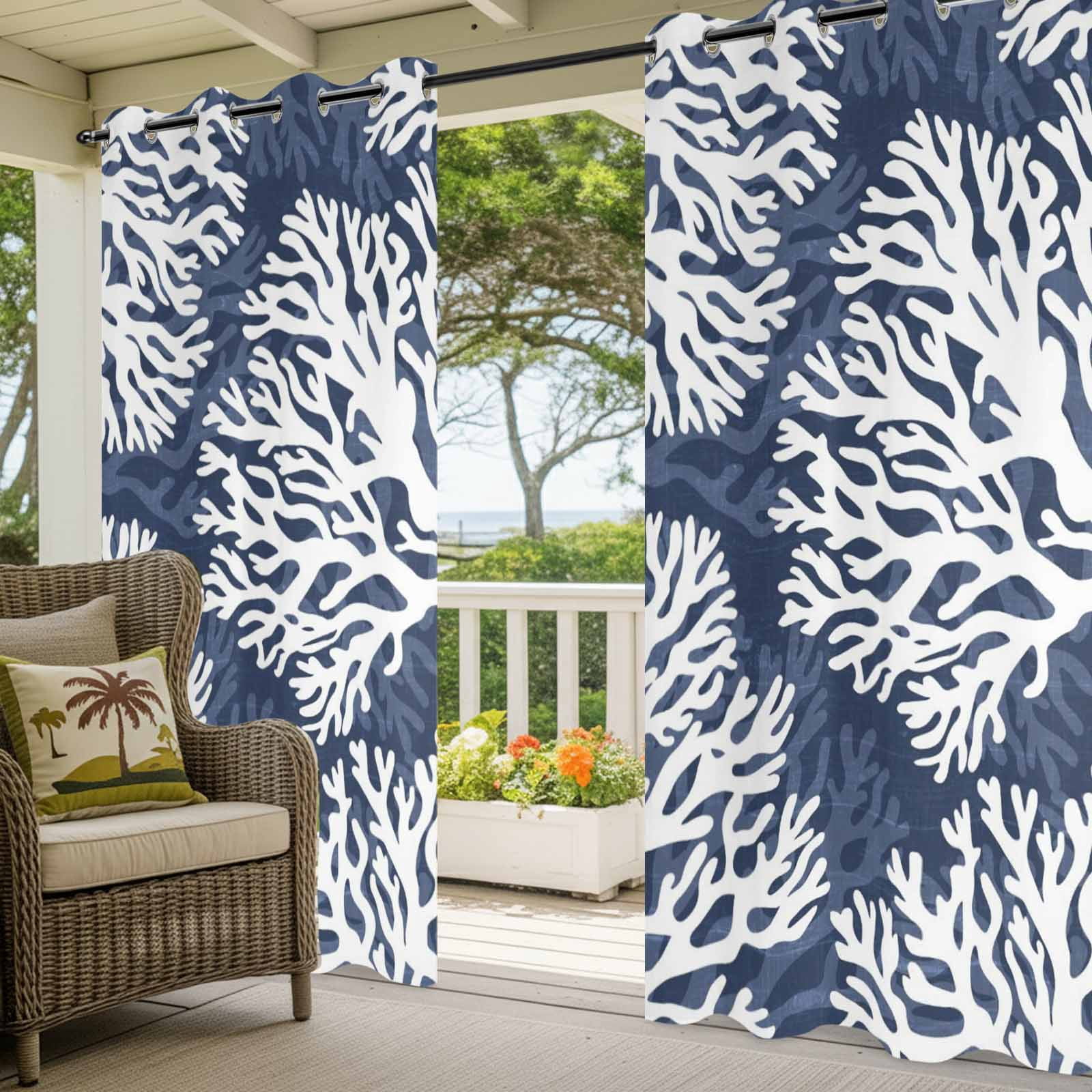 Navy Blue Coral Outdoor Curtains for Patio, Coastal Ocean Beach Summer Nautical Modern Sunshade Privacy Drapes Grommet Waterproof Outside Curtains for Porch/Cabana/Balcony 54"x 108", 1 Panel
