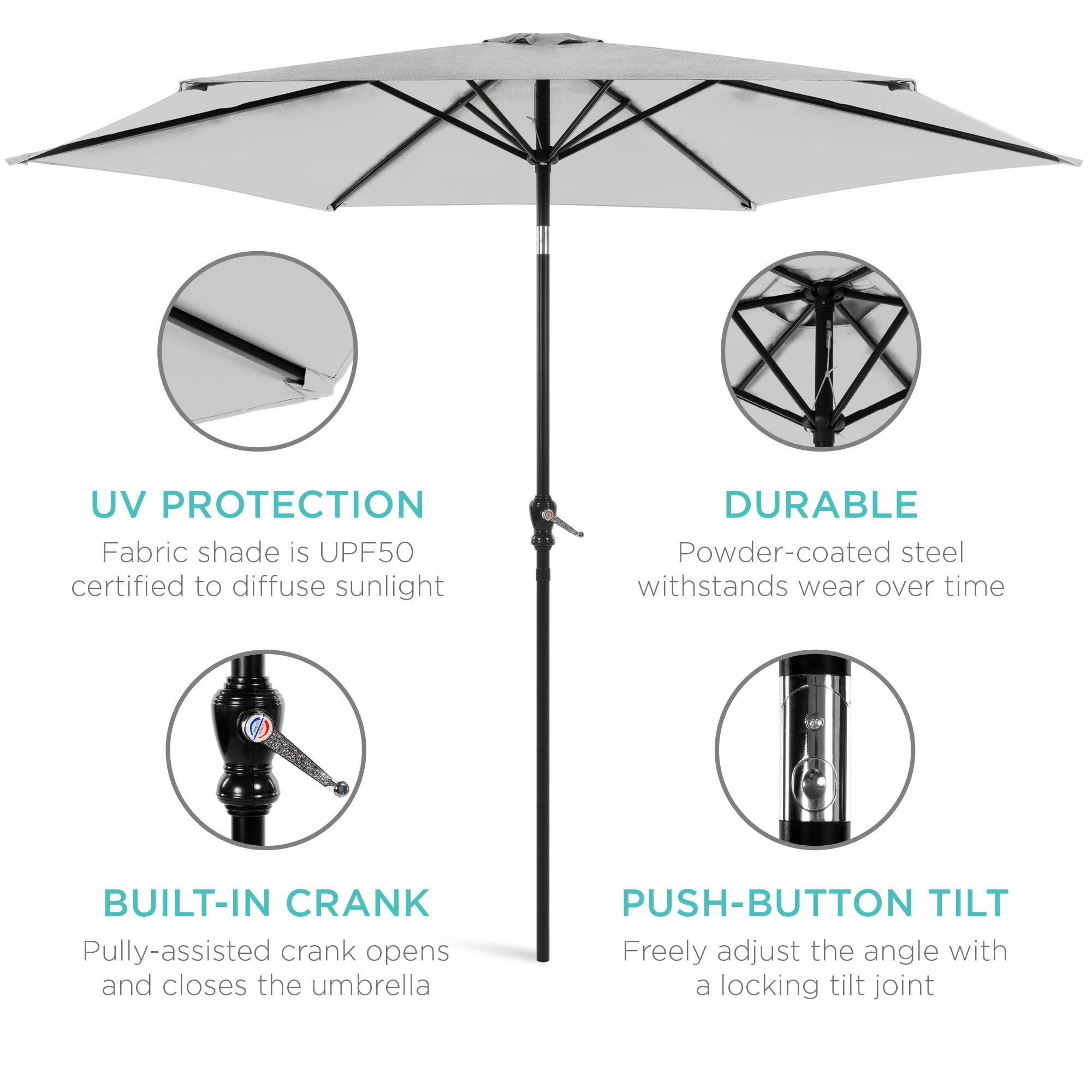 Best Choice Products 10ft Outdoor Steel Market Patio Umbrella w/ Crank, Tilt Push Button, 6 Ribs - Fog Gray