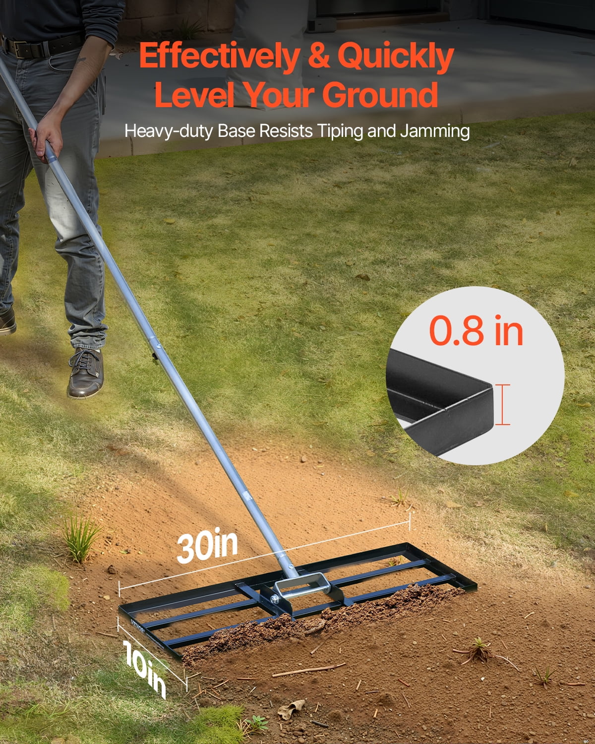 VEVOR Lawn Leveling Rake, Lawn Leveler with 83.9 in Handle, 30x10 in Ground Plate, Rust-Resistant Carbon Steel Soil Leveler, 3 Heights Adjustable, Effort Saving Lawn Leveling Tool