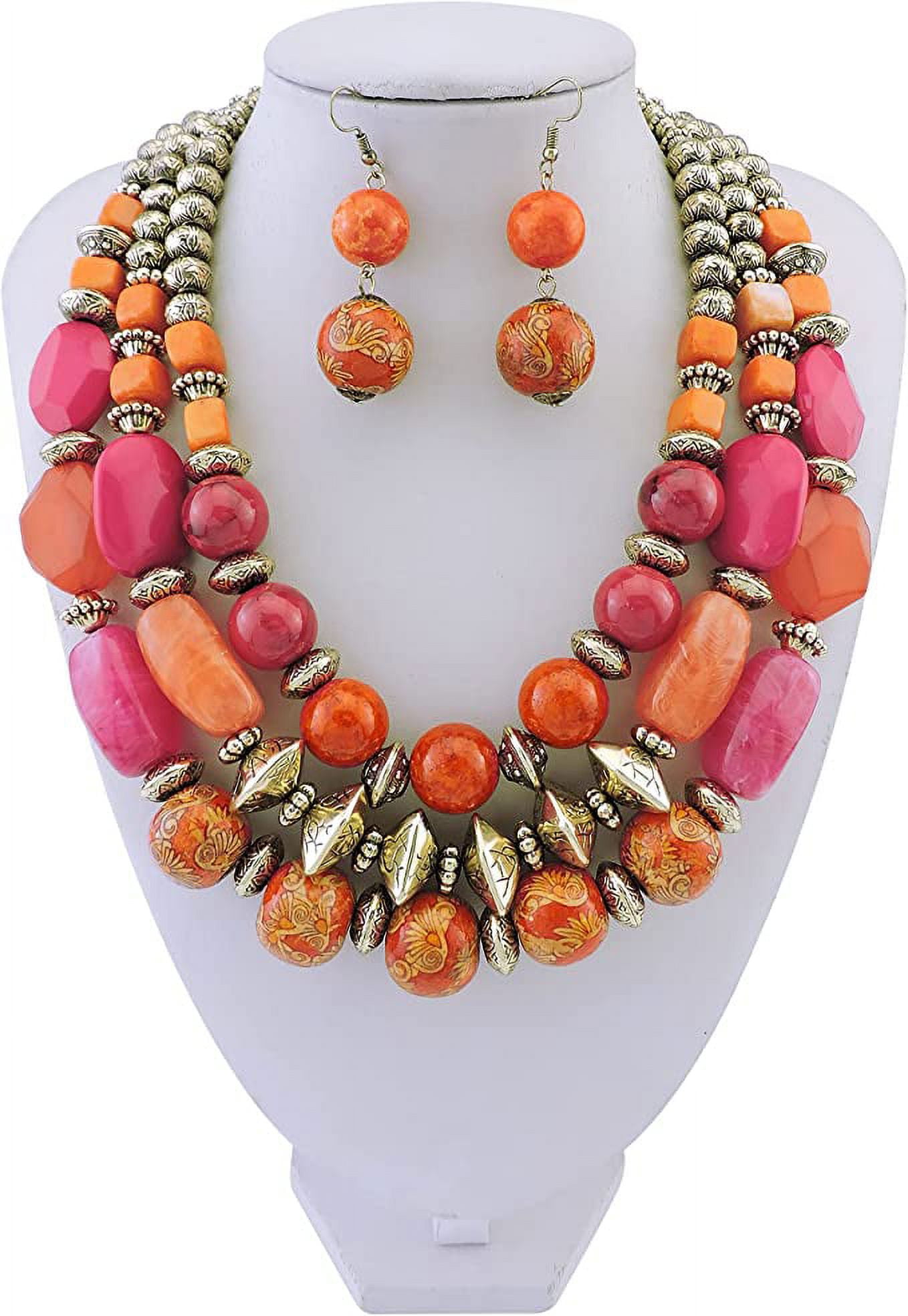 Bocar 3 Layer Chunky Statement Beaded Necklace and Earrings Set, Fashion Multi Layer Women Collar Necklace Jewelry Set (NK-10625-Pink Red Set)